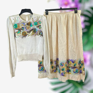 Anne Crimmins Vintage Skirt Set Multicolor Peacock Beads & Sequins Women L/14